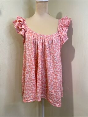 GAP Coral Pink Floral Ruffle-Sleeve Tunic Top Sz L